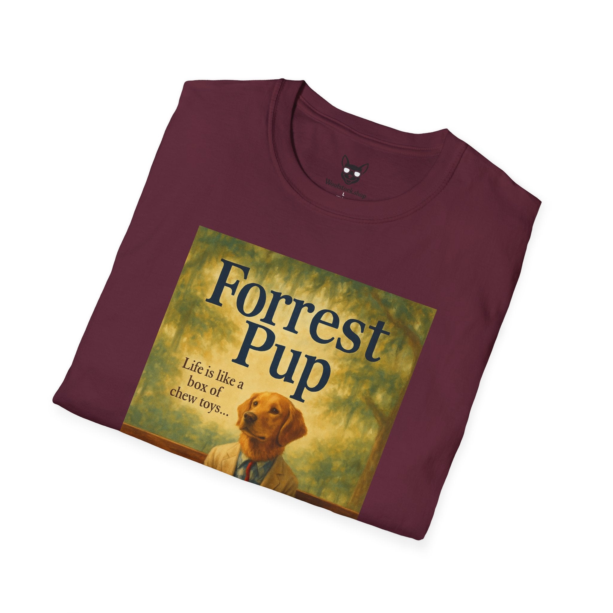 Forrest Gump Movie Poster Dog Parody Unisex Softstyle T-Shirt -- Funny Dog Movie Tee for Film and Dog Lovers